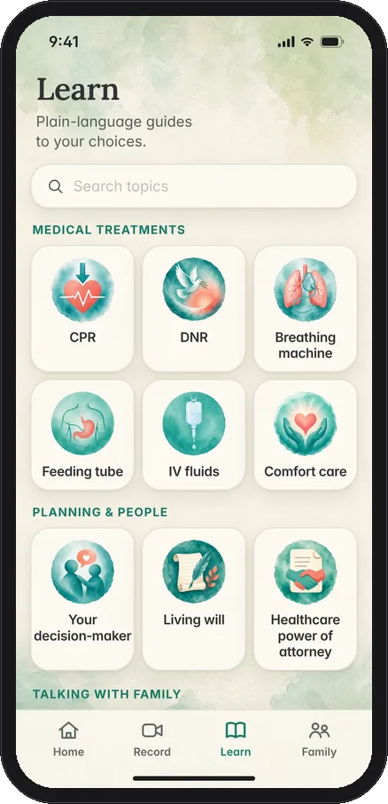 Learn tab in LifeWishGuardian, with plain-language guides to CPR, breathing machines, comfort care and more