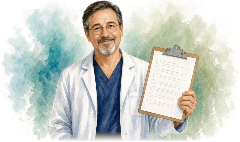 Watercolor illustration of Richard, a nurse practitioner (NP), holding up a clipboard with a checklist form.